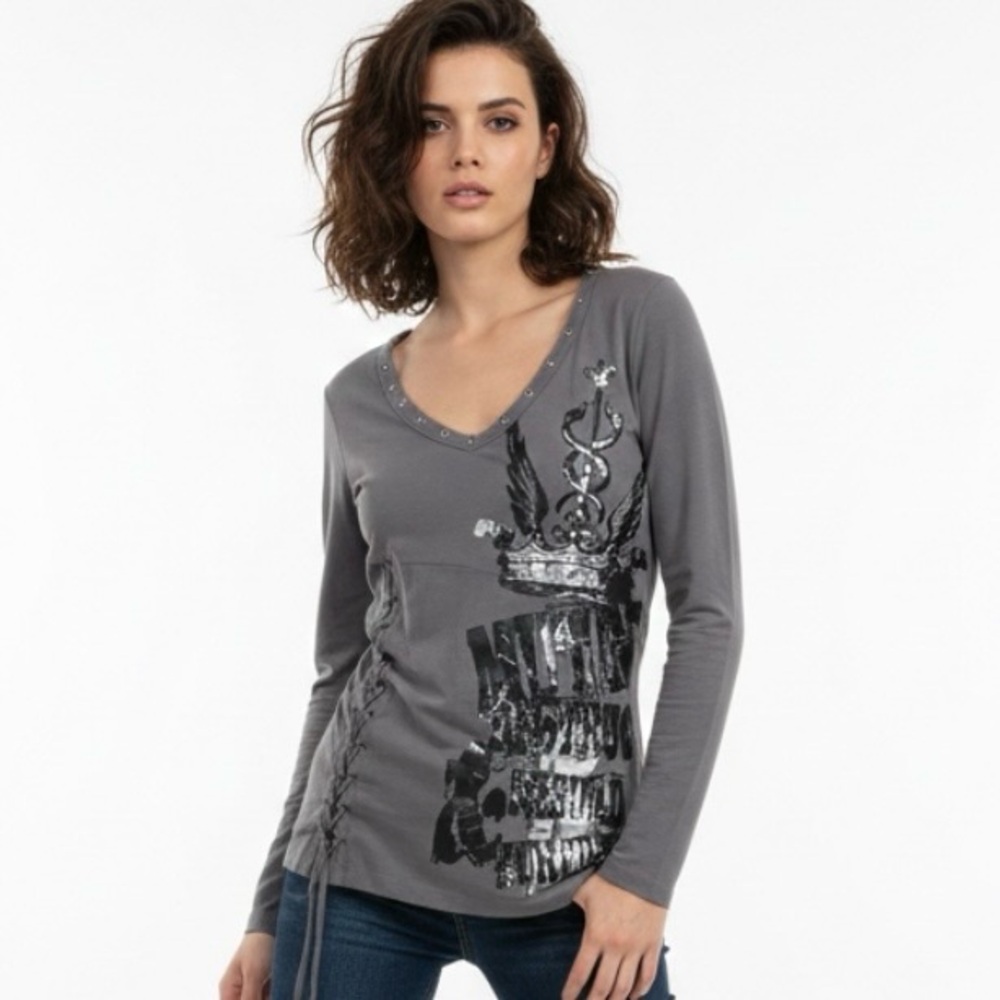 Pepe Jeans London Grey Lace Up Grommet V-Neck Graphic Top Medium
